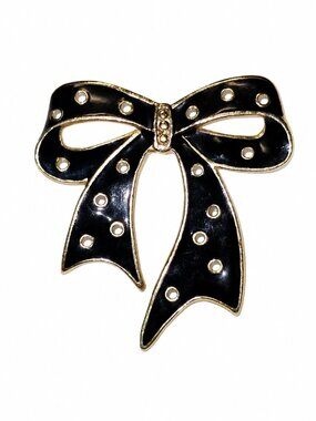 Vintage Y2K K&M Preppy Enamel Polka Dot Black White Big Bow Gold Trim